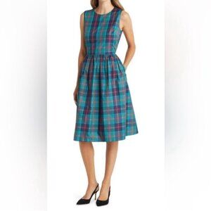 Nordstrom PLAID FIT & FLARE DRESS IN TEAL CYRUS SZ M ✨✨